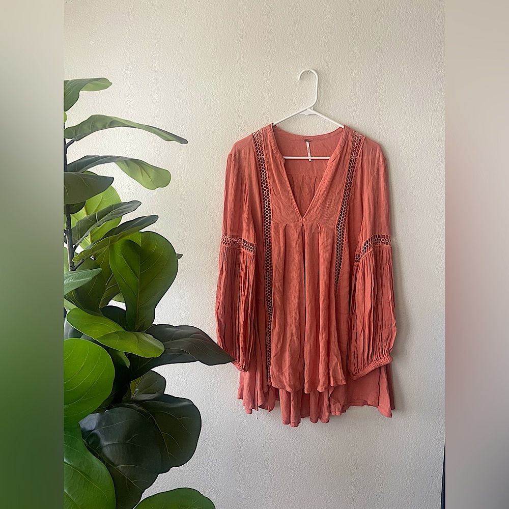Free People Pink Boho Oversized V-Neck Long Sleeve Dress Women’s Size Small